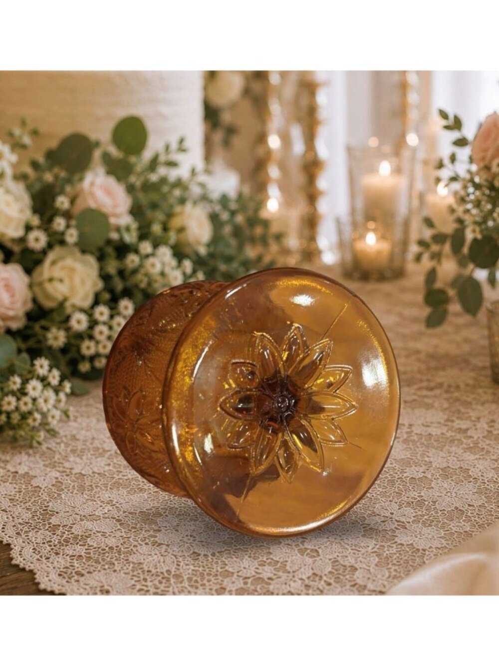 Vintage Amber Fairy Lamp by Tiara Exclusives | Indiana Glass Floral Candle Holde - Picture 4 of 5